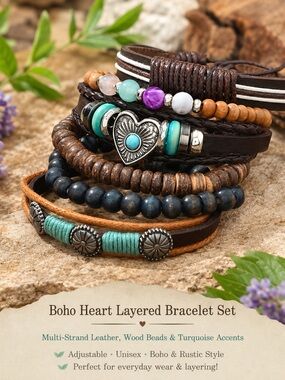 Boho Turquoise & Brown Layered Bracelet Set | Leather, Wood & Beaded Stack
